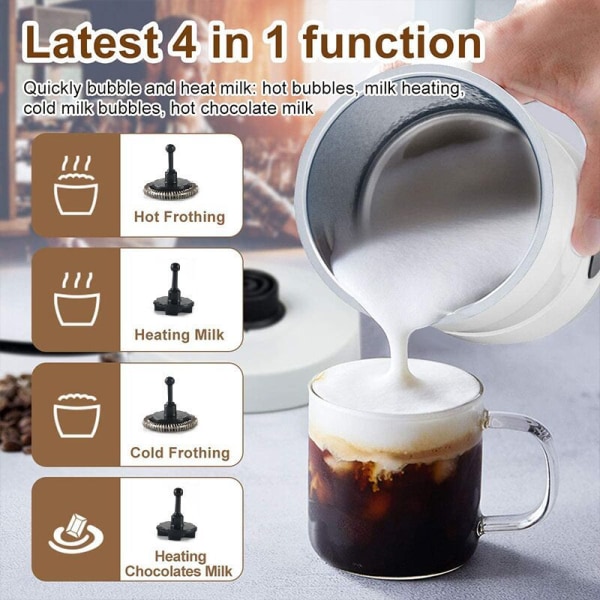 Melkeskummer, varm/kald/tett/luftig melkeskum for kaffe, latte, varm sjokolade, cappuccino, enkel å rengjøre, 4 i 1 elektrisk melkeskummer a