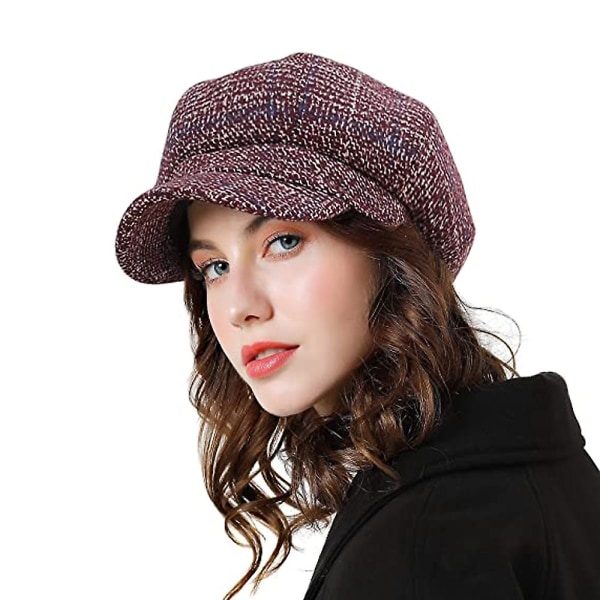 Dame Beret Newsboy Hat Fransk Stil Caps Klassisk Høst Vår Vinter Hatter Tykk Rutete Ull Oktagonal Hat Vinrød wine red