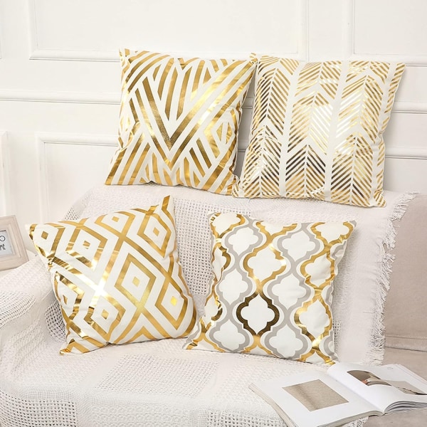 Hvitt og gull putetrekk Sett med 4 geometriske putetrekk Firkantede dekorative putetrekk for sofa sofa utendørs 18x18 tommer