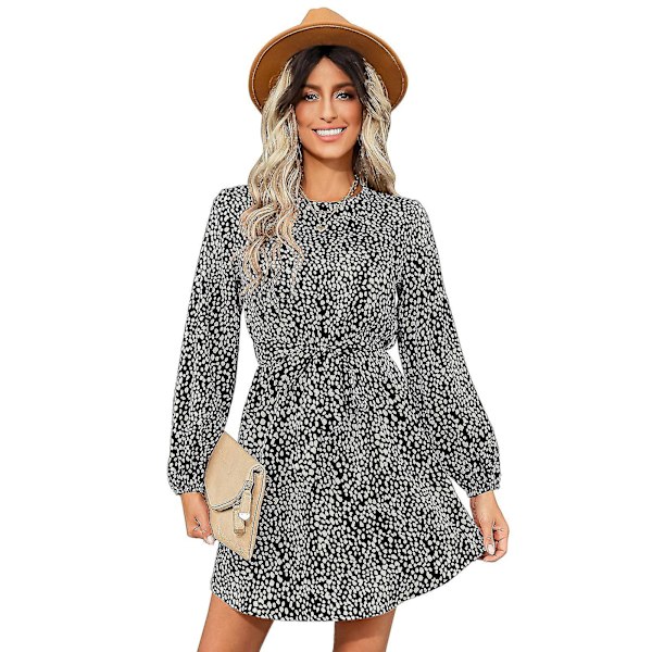 Kvindes Kjole Langærmet Efterår Rund Hals Leopard Print Bindede Talje Kjole Skørt XL Sort Black XL