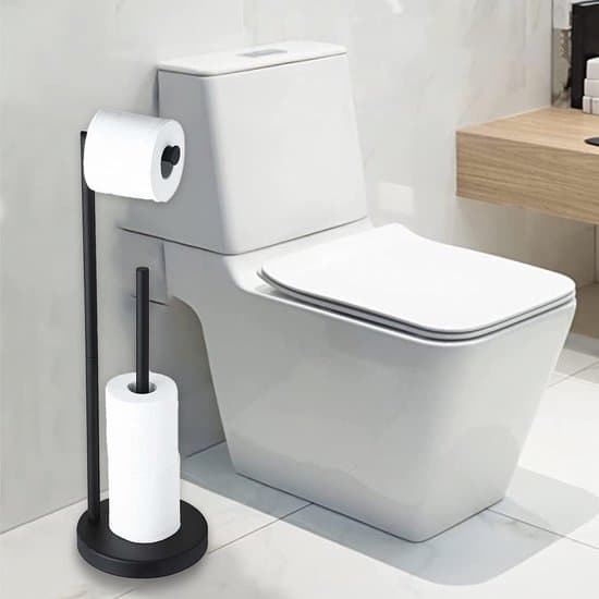 Fritstående toiletpapirholder med reserveopbevaring, 2 i 1 toiletpapirholder i rustfrit stål til 3+1 ruller, skridsikker, sort, til badeværelset