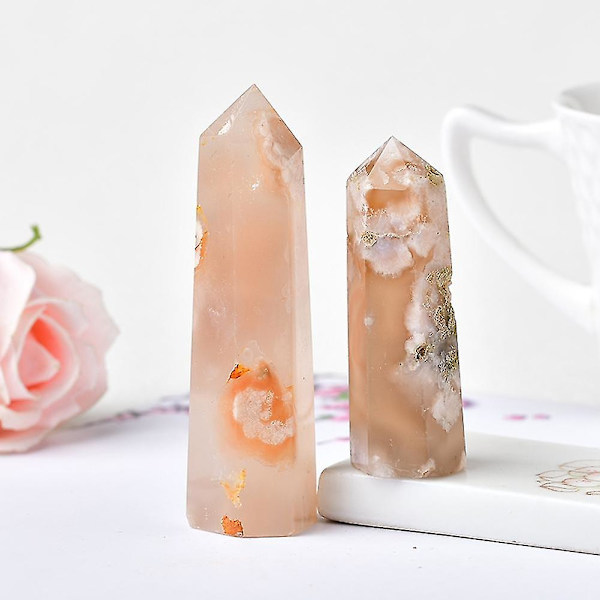 Naturlig Krystall Kvarts Punkt Healing Stein Kirsebærblomst Agat Sekskantede Prismer Obelisk Tryllestav Stein
