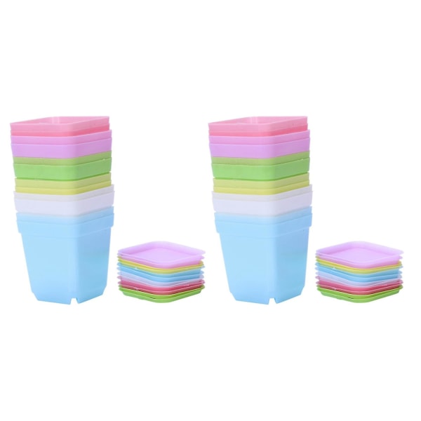 Färgglada Plastblomkrukor med Fat, Set om 24