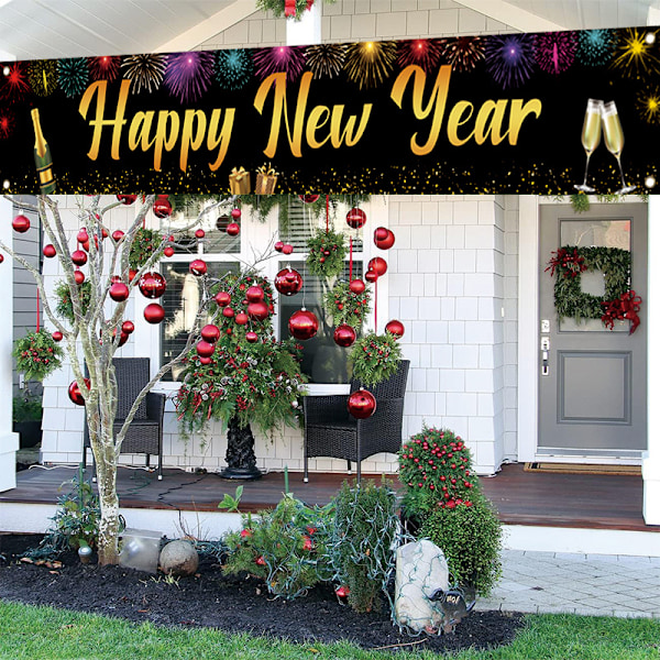Stor Happy New Year-banderoll Nyårsfestdekoration Nyårsaftonsskyltbanderoll 2025 Nyårsfesttillbehör Nyår Hem