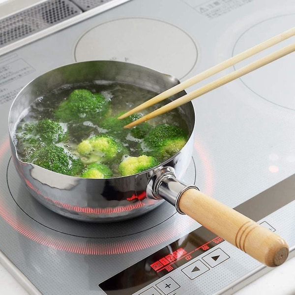 Rustfrit Stål Gryde Traditionel Gryde Med Træhåndtag Perfekt Til Ramen Mælk Osv 16cm