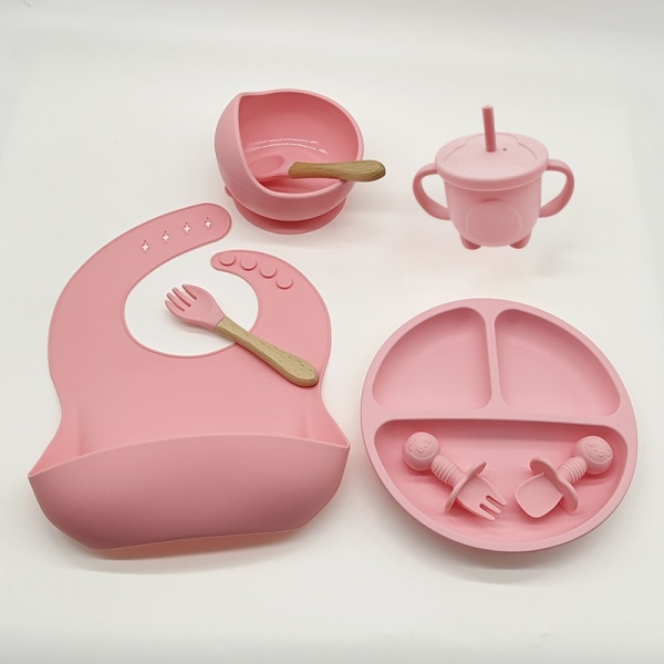 Barnservis set baby mat äta träning silikon servis 8-delar set， Justerbar passform Vattentät matning
