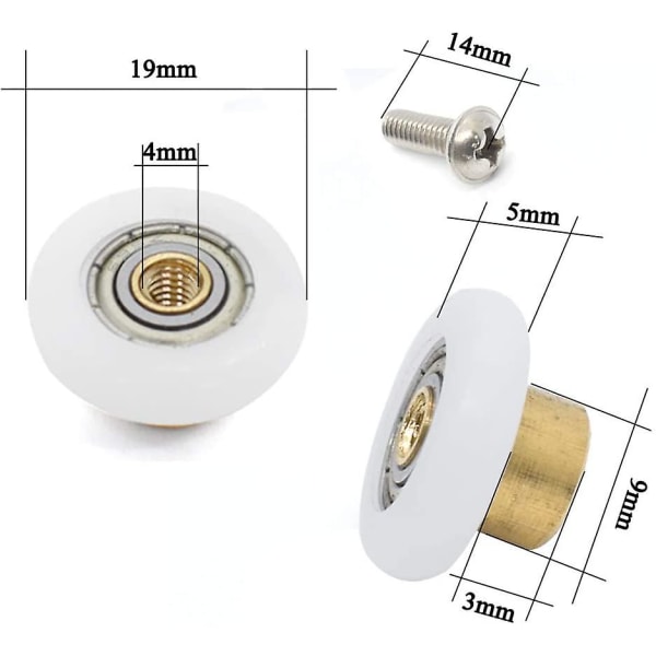 Sats med 4 Ersättningsrullar för Glidande Dusddörr med M4 Skruvar Diameter 19 mm
