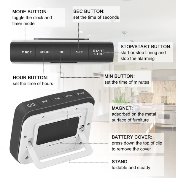 Magnetisk Digital 24 Timers Køkken Timer/Ur Med Stor Skærm (1 stk, Grå)