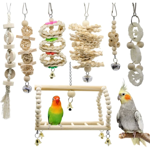 7 pakker Bird Parrot Swing Tyggeleker-hengende klokkefugleburleker Egnet for små parakitter, kakatier, conures, finker, budgie, araer, papegøyer,