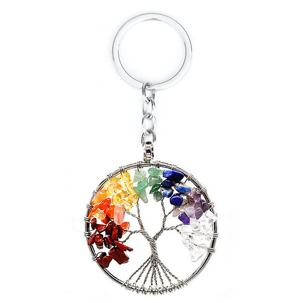 Chakra Livets Træ Krystal Nøglering Ædelsten Healing Krystaller Nøglering Sølv Tumlede Sten Perler Nøglekæde Kvinder Mænd (3 stk, Farverig+rød+grøn)