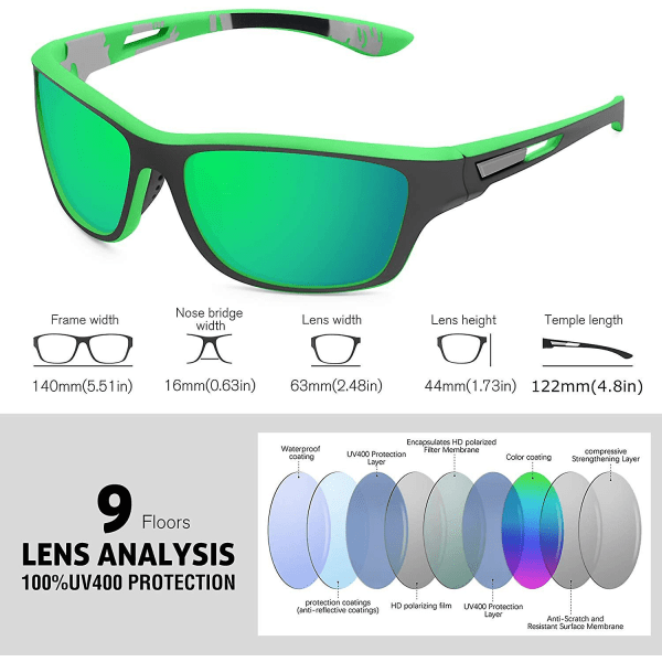 Polarisoidut Urheilulasit Miehille Ajamiseen, Pyöräilyyn, Kalastukseen - Aurinkolasit 100% UV-Suoja, Goggles, Vihreä Peili Green Mirror