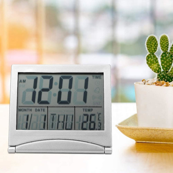 Digital vækkeur, bærbar, foldbar, temperatur, kalender, snooze, LED-display, med læderbetræk (1 stk., sølv)