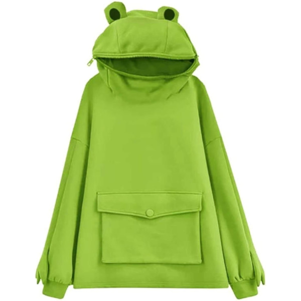Koselig froskehettegenser med glidelås for kvinner/jenter - Stor lomme foran - Lys grønn Large Light Green