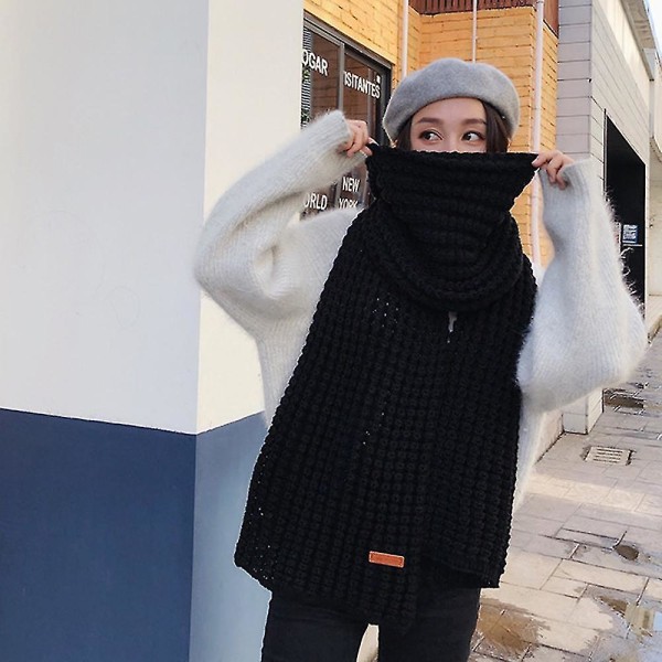 Ullhalsduk Kvinna Höst Och Vinter Mångsidig Dubbelanvändning Tjockad Värme Student Flicka Sjal Svart Black