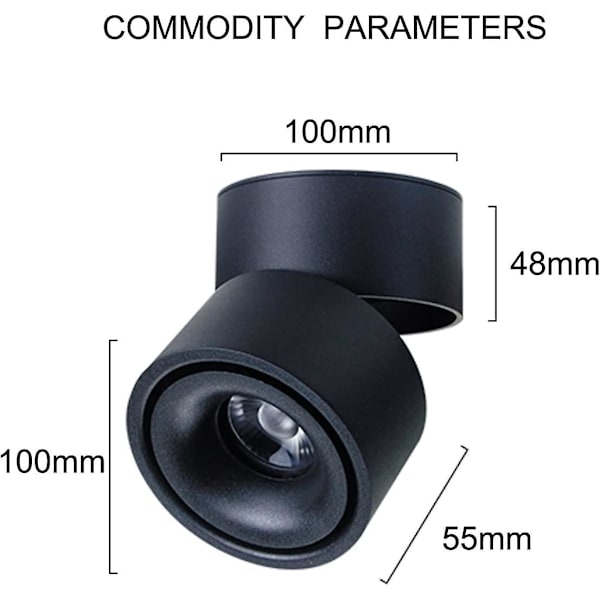 7w Loftlampe Led Downlight, Justerbar Lampe Kropsvinkel, Indendørs Loftlampe, 10*10*10 (sort+varmt hvid)