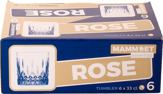 Mammoet Rose dricksglas set om 6, 33 cl kristallslipade glas för vatten, cocktail, whisky, diskmaskinssäkra, klara