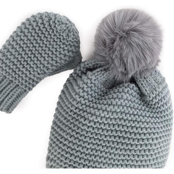 Toddler Baby Hatt & Vantar Set Vinter Varm Stickad Hatt Pom Pom Beanie för Pojkar Flickor 1 Hatt + 1 Par Vantar (Grå)