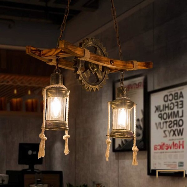 Vintage Chandelier med Naturligt Trä Hänglampa Retro Hängande Metall Trä E27 Justerbar Höjd Upphängningslampa Droplight Belysning Industriell Taklampa