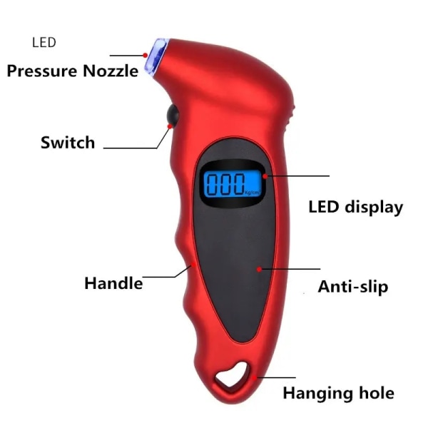 Digitalt Dekktrykksmåler 150 PSI 4 Innstillinger Rød (1 Pakke) For Bil Lastebil Sykkel Med Bakgrunnsbelyst LCD Og Sklisikkert Grep Biltilbehør