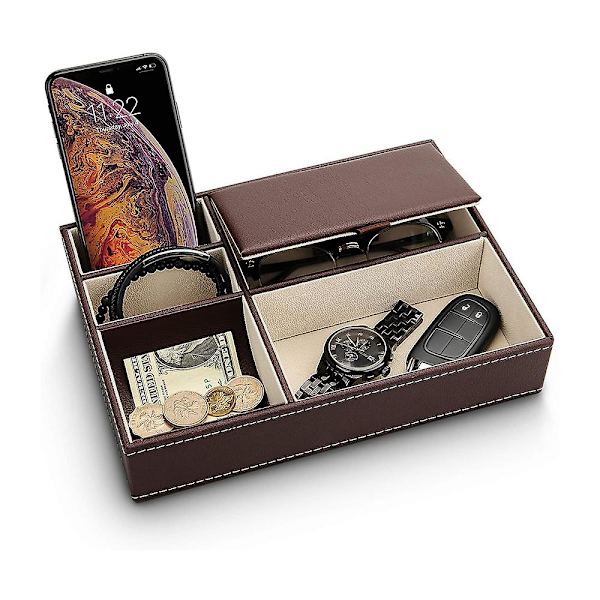 Læder Skrivebords Opbevaringsarrangør, Multi Catchall Bakke, Valet Bakke, Natbord Eller Kommodearrangør - 5 Rum Tegnebog, Telefon, Nøgler, Smykker, Brun Brown