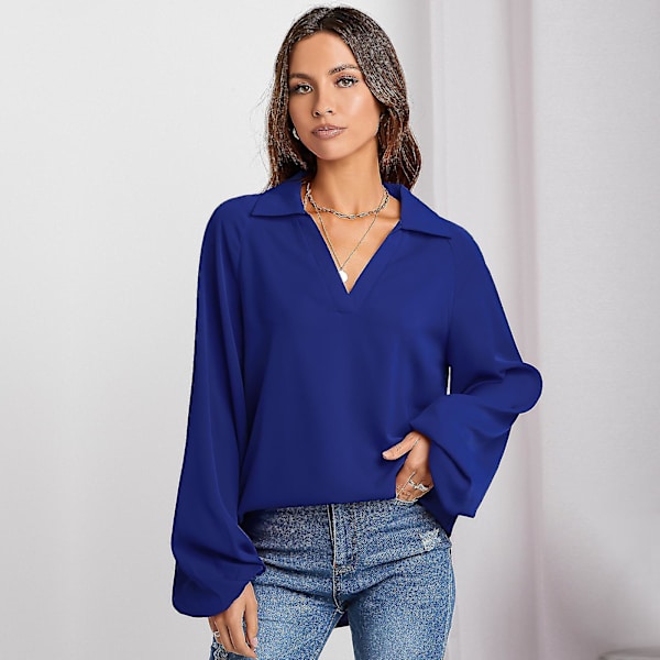 Dam Blusar Långa Lykta Ärmar V-ringad Design Sense Niche Högkvalitativ Lösa Toppar XL Blå Blue XL