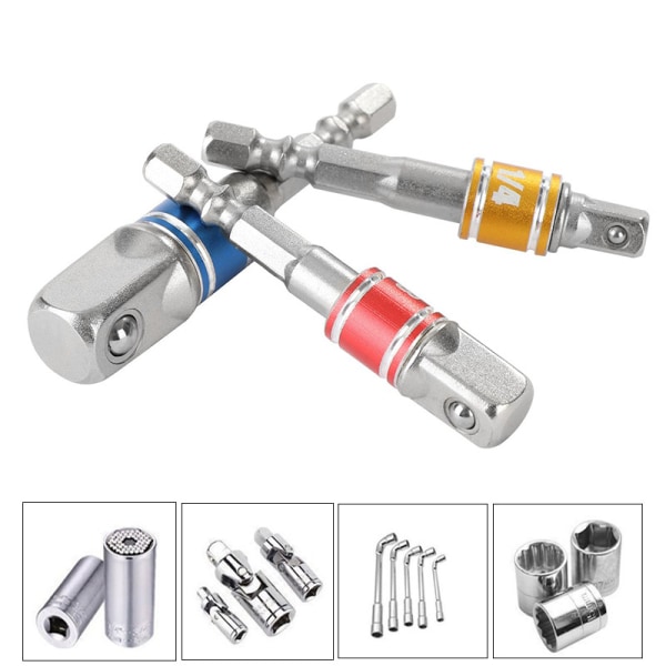 Sokkeladapter til slagboremaskine, 3 krom-vanadium adaptere 1/4\", 1/2\", 3/8\" Elektrisk boremaskine adapter sæt firkantet chuck (Farve)