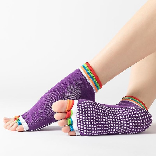 5 Finger Dame Farverige Komfortable Yoga Pilates Bomulds Tå Grip Sokker Med Skridsikker Hjemme Gym Yoga Sokker Halv finger Mørk lilla Half finger Dark purple
