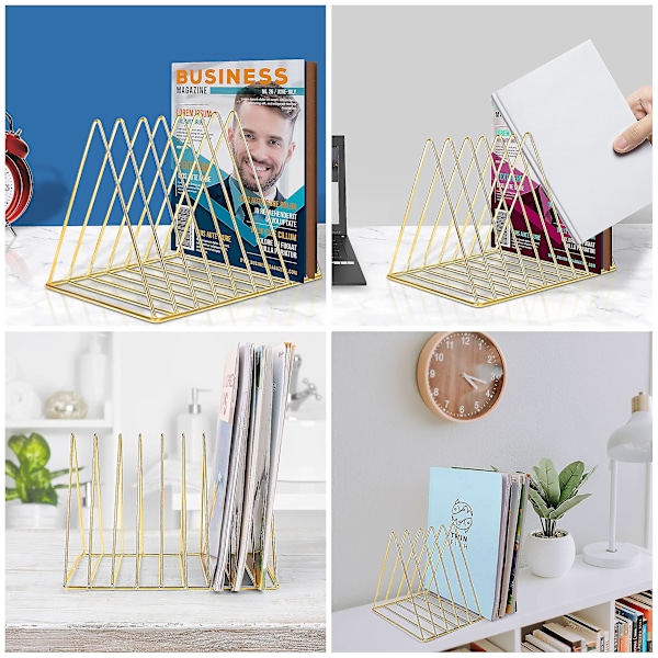 Tidningsställ i Metall Bokstöd - Triangulärt Tidnings- & Tidningsställ Med 9 Fack För Hem, Bokhylla, Badrum Guld Gold