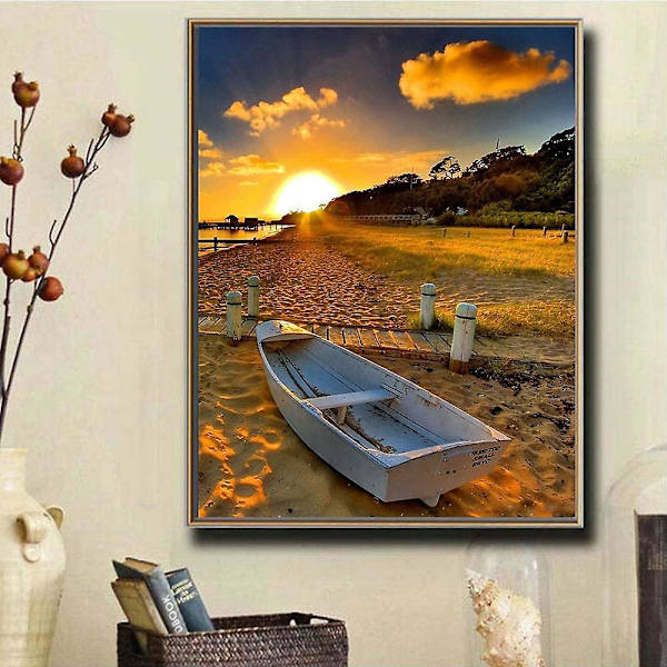 5D DIY Diamantbroderi Full Kit, Havsstrand Solnedgång Landskap Diamantmålning Komplett Rum Vuxen Konst Hantverk För Hemvägg Dekoration Presenter 30 X 40cm