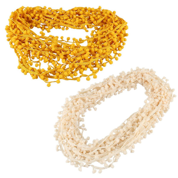 2 Strimler 20 Yards 10mm Pompom Trim Ball Frynseribbon DIY Sytilbehør Blonder, Gul Beige