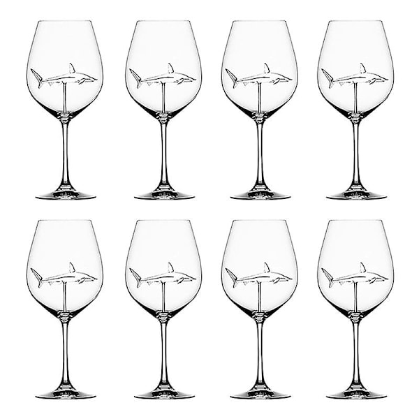 RYI. Rödvinsglas med haj inuti, vinglas, klart glas för hemmabar och fest 8PCS