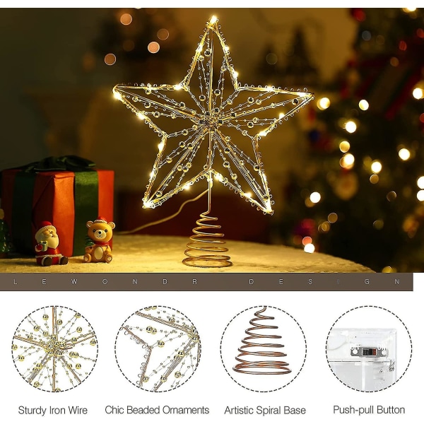 Christmas Star Tree Topper, batteridrevet Large Xmas Star Treetop Light, Beaded Star Light med fjedrende base