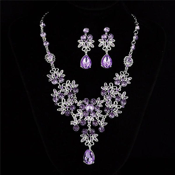 Bröllop Smyckesset Kristall Blomma Hänge Halsband + Örhängen Gåva För Kvinnor, 1 Set, Blå