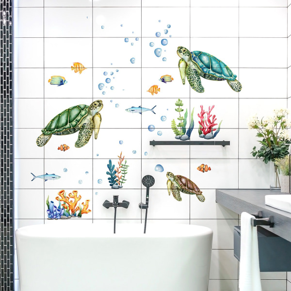Havssköldpadda, vattenväxter, bubblor och fiskar, väggklistermärken i rummet (30*60 cm, 2 st)