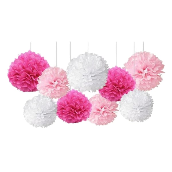 9 stk/sæt Blandede Papir Pompoms Pom Poms Blomst Bryllup Fest Dekoration (Pink)