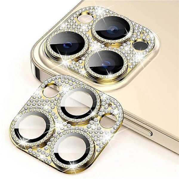 iPhone 14 Pro Max/14 Pro -kameran linssinsuojus karkaistua lasia metallikehyksellä ja strasseilla Multicolor Gold