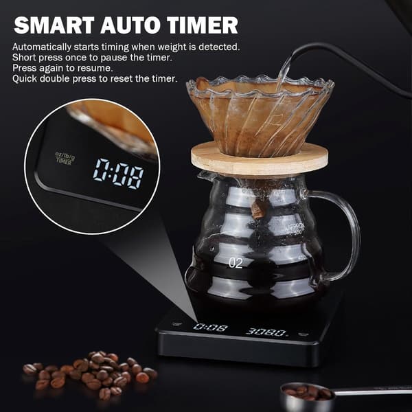 Digital kaffevåg med timer, 3kg/0.1g högprecisions espressvåg med silikonmatta, USB C uppladdningsbar, för hemmabaristor, svart