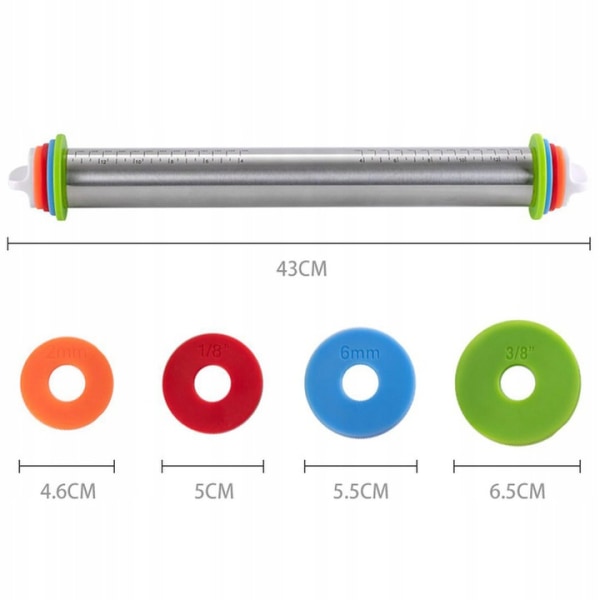 Adjustable 4 thicknesses 43cm stainless steel rolling pin