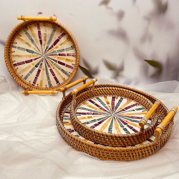 Ny Rattan Brødkurv Vevd Snacks Fruktfat Rattan Te-brett L(28x28x3cm) L(28x28x3cm)