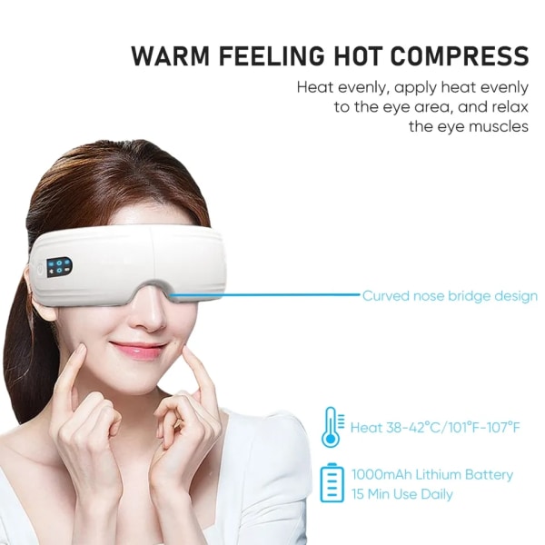 Ögonmassageapparat för migrän, med värmekompression Vibration Bluetooth -musik, laddningsbar, 4 massagelägen för att slappna av Ögonbelastning Mörka ringar Ögonpåsar D