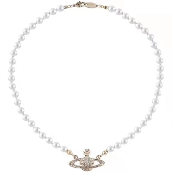Saturn Halsband Konstgjorda pärlor Diamanter Planet Light Lyx Premium Feeling Nyckelbenskedja