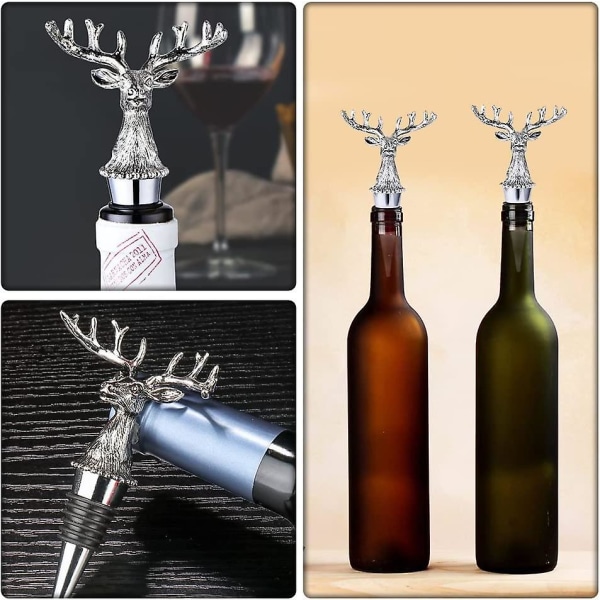 Silver Älg Hjort Huvud Vinkork Rustik Lantlig Stil Djur Flaskpropp Vinkorkar Propp För Vin Champagne Öl (2st, Silver)