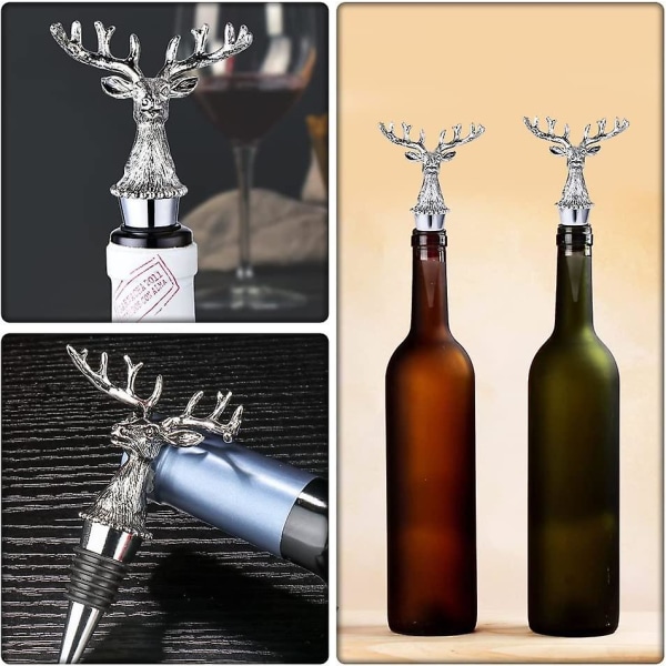 Silver Elk Deer Head -viinipullon tulppa Maalaistyylinen maalaistyylinen eläinpullotulppa Viinikorkit Tulppa viinisamppanjaoluelle (2kpl, hopea)