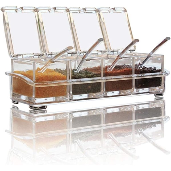 Gjennomsiktig krydderstativ Kryddergryter - 4-delt akrylkrydderboks - Oppbevaringsbeholder Krydderglass - med lokk og skje