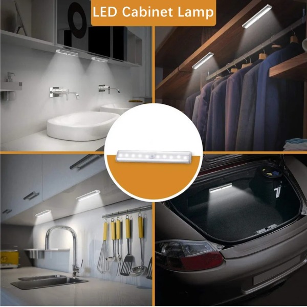 Bevægelsessensor LED-lys, 10 LED batteridrevet bevægelseslys, til underskab, skab, entre, trappe, garderobe, køkken, vaskeskab, 3 stk.