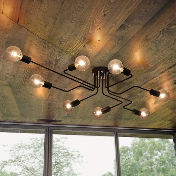 Industriell taklampa, 8-lamps taklampa, svart taklampa E27 Sockel, för vardagsrum i sovrum kök (utan glödlampor) [energiklass A+]
