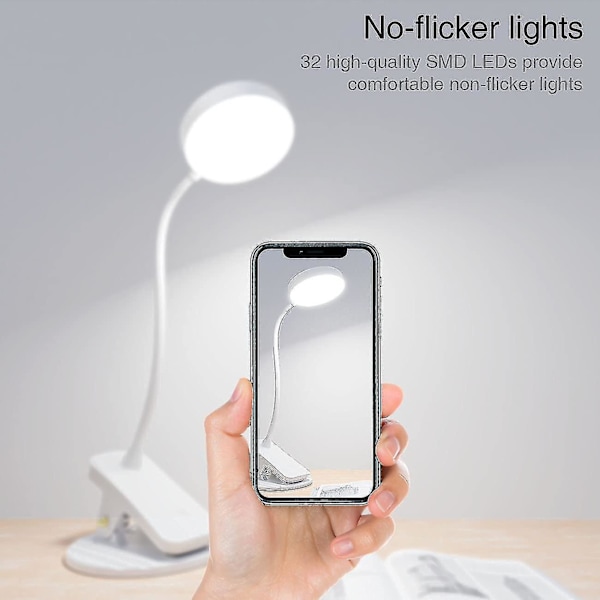 Sengeklemmelampe, 32 LED, 360 Fleksibel Leselampe, Bokklemme, 3 Farger Og Trinnløs Dimming, Sengelampe Med Berøringskontroll, USB Oppladbart Batteri, L
