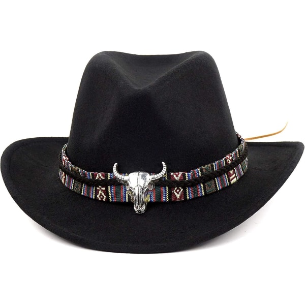 Unisex knusbar cowboyhat Western Cowgirl Outback Hat Cattleman Fedora med flettet bånd og Bull SkullSort Black