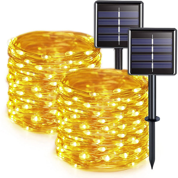 2 st LED Solcellskoppartrådsljus Utomhus trädgård dekorativ atmosfär vattentät koppartrådsljus varm färg 12 meter 100 lampor