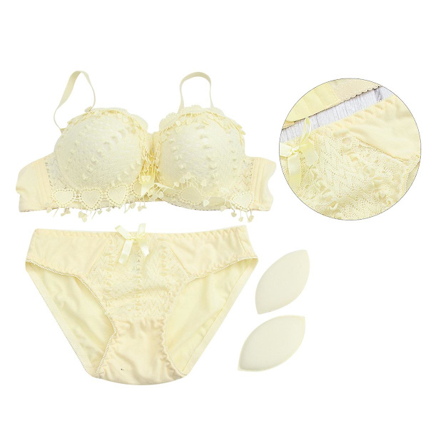 Seksikäs Pitsi-alusasu Push-up Rintaliivit, Päällystetyt, Kahden Osan Naisten Bralette, Pitsi-alushousut Yellow 80B